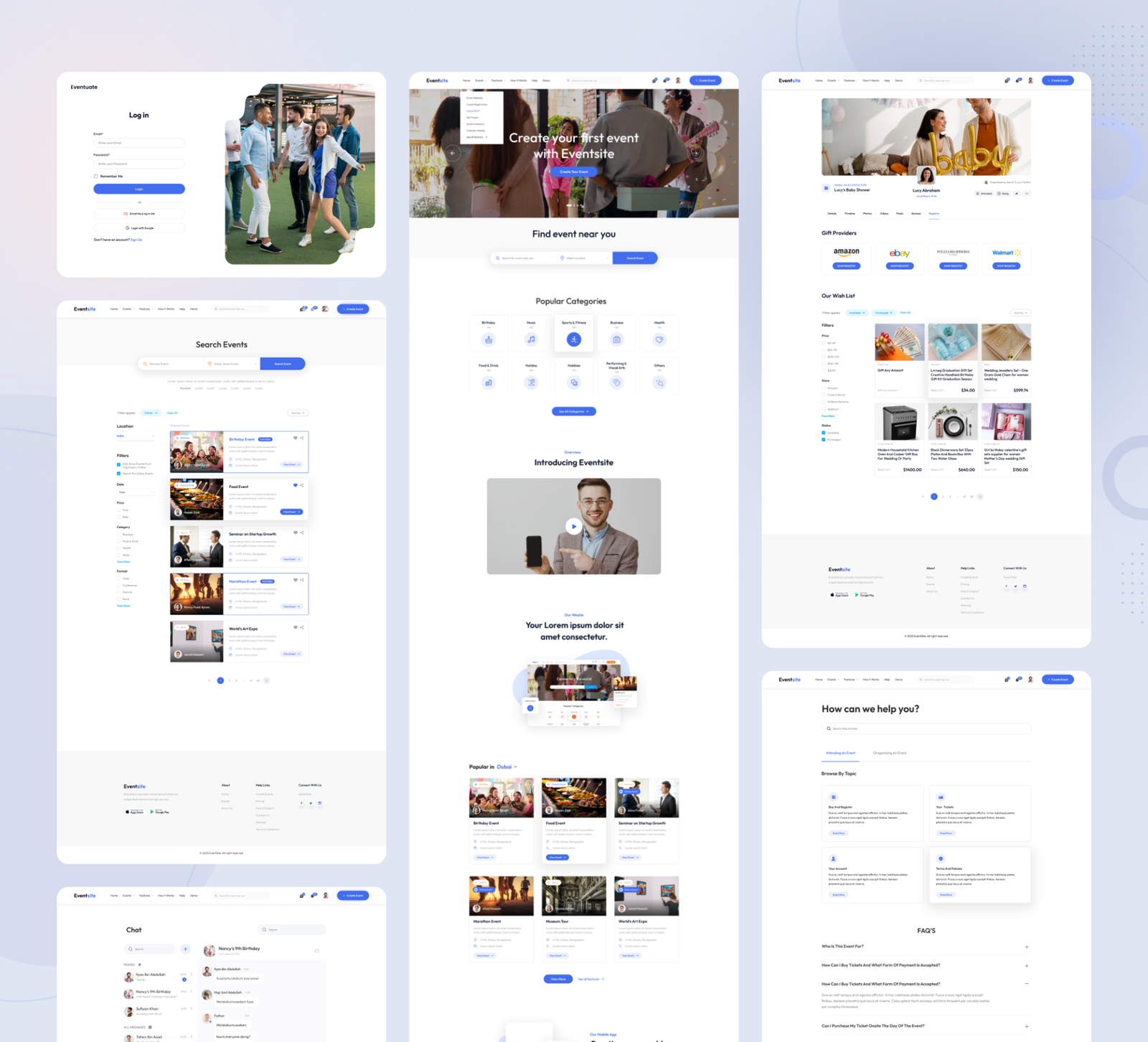 Desktop homepage design for an event management website with featured events, ticket booking, and navigation.