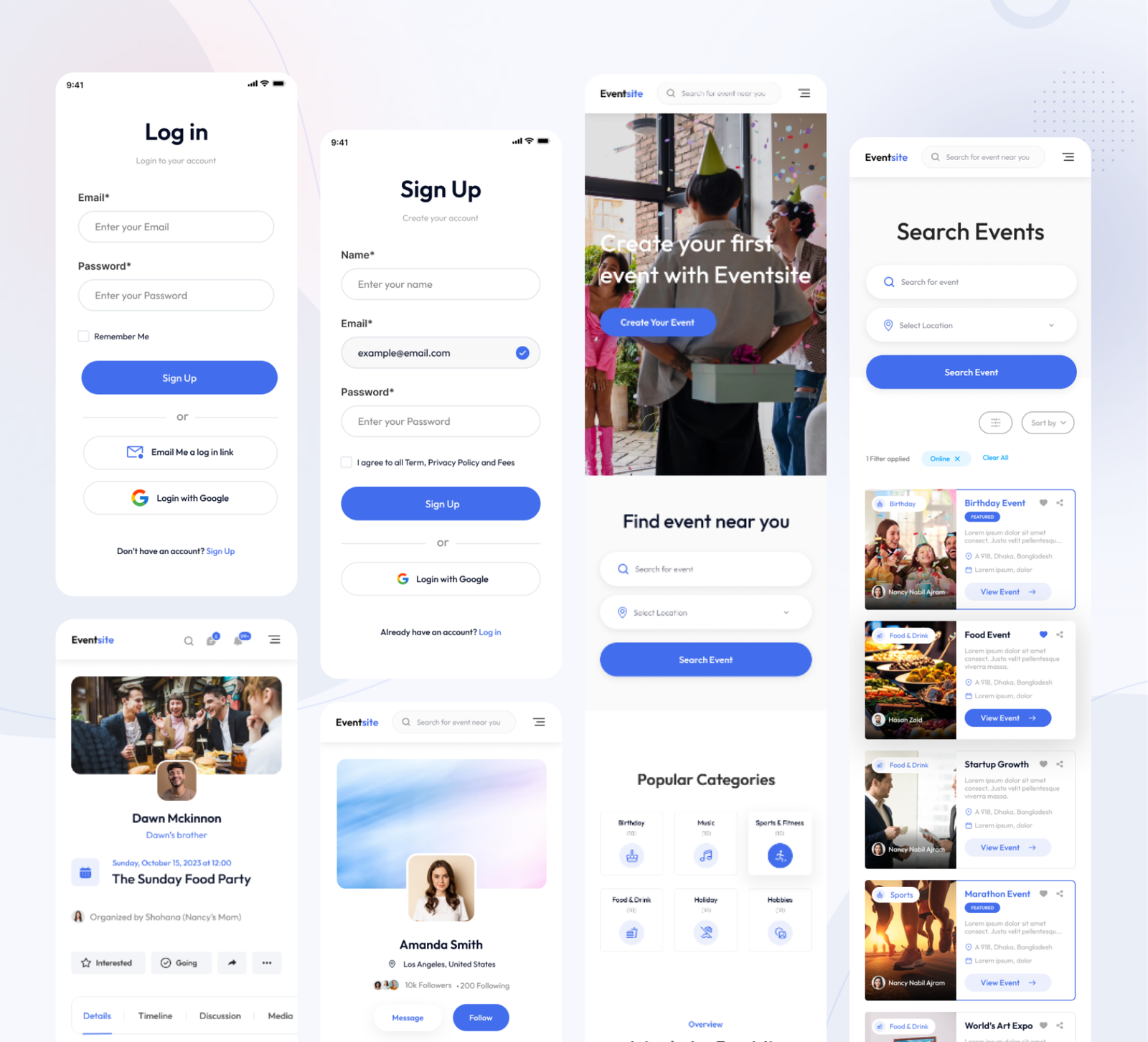 Responsive mobile interface for the event management website showing event discovery and ticket booking screens.