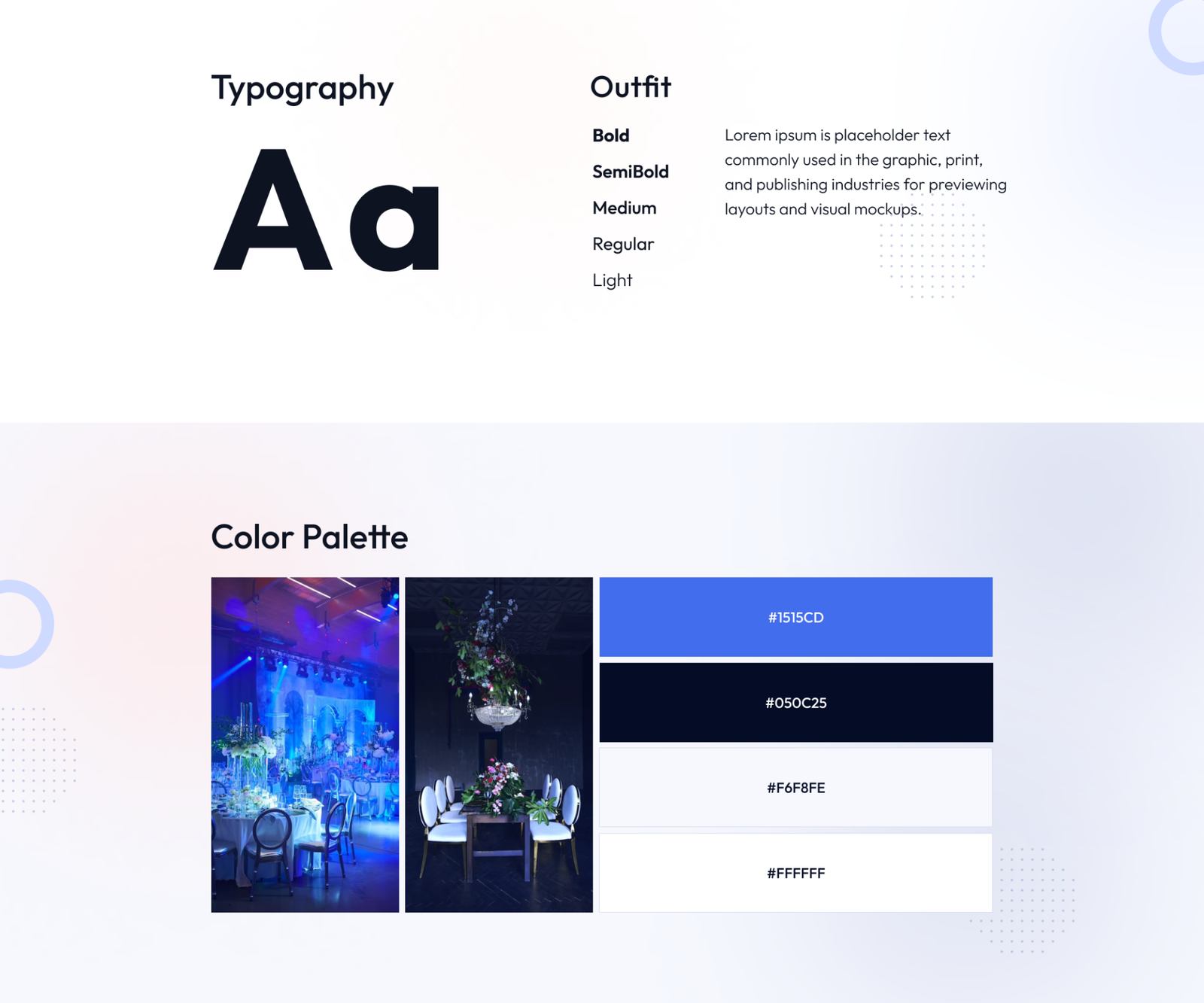 Typography system used for the event website UI design, including heading and body font styles. Color palette for the event website UI design featuring primary, secondary, and accent colors.