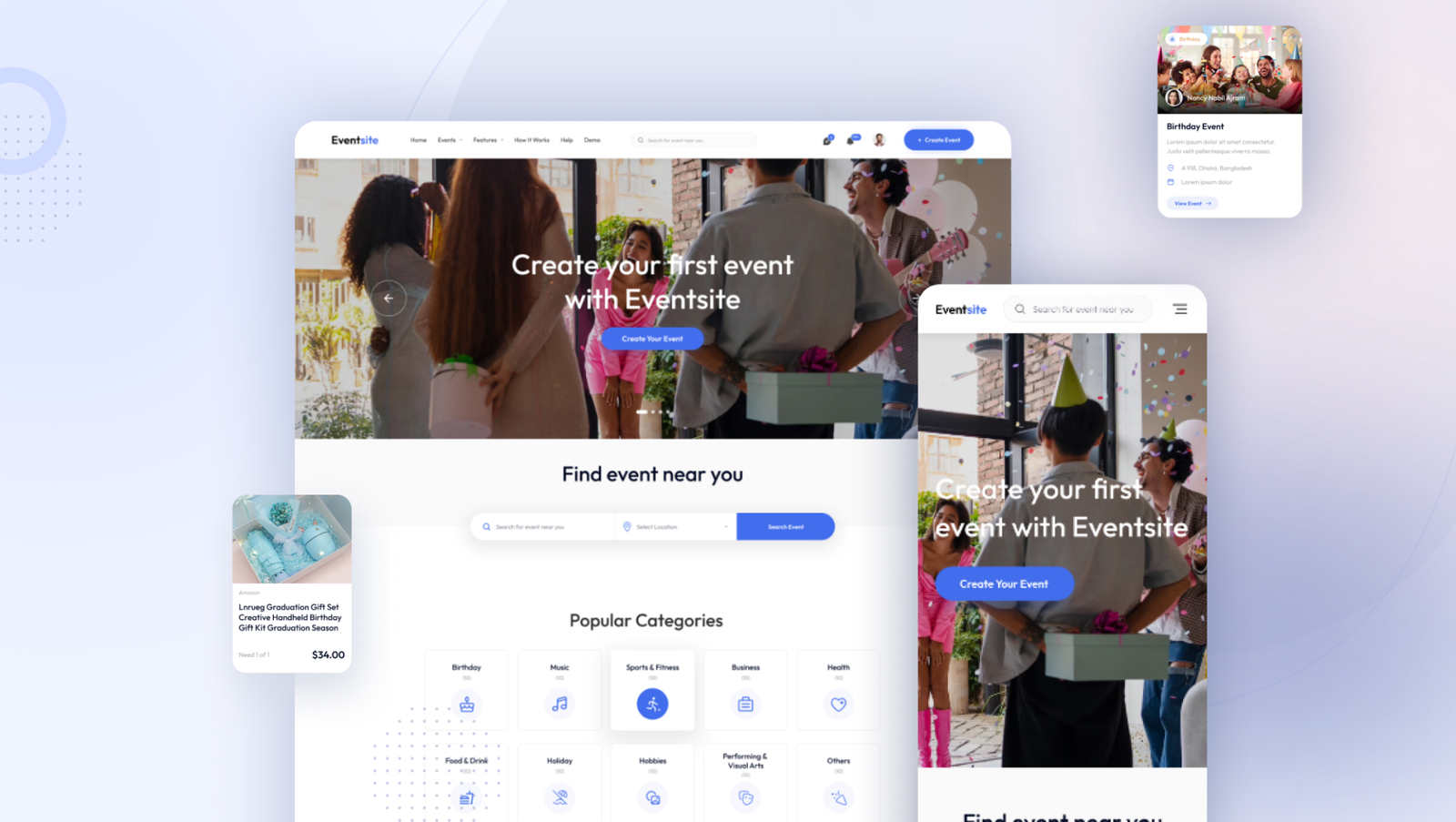Modern event management website UI/UX design case study cover showcasing the homepage concept.